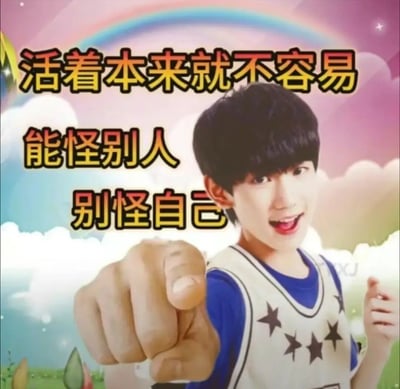 这是一张网友二次创作的搞笑表情包，以TFBOYS成员王源的早期公开照片为底图，搭配了带有彩虹和云朵的梦幻卡通风格背景。图中的王源笑容灿烂，伸出手指指向观看者，同时配有文字“活着本来就不容易 能怪别人 别怪自己”，用戏谑、摆烂的语气传递出一种自我开解、拒绝内耗的情绪，适合在感到压力、自我怀疑时用来调侃，缓解内心的焦虑与不安。