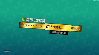 这是一张竞速游戏《极限竞速：地平线》的界面截图，背景为带有三角形暗纹的渐变青绿色，画面核心展示了新解锁的金色传奇腕带，腕带上印有H标识、"Legend GOLD WRISTBAND ACCESS"和"HORIZON FESTIVAL"字样，腕带下方标注有“地平线传奇赛”，上方配文“新腕带已解锁！”，左下角有“Enter 继续”的操作引导，右上角带有玩家设备的性能监控信息“39 显卡：0%”。