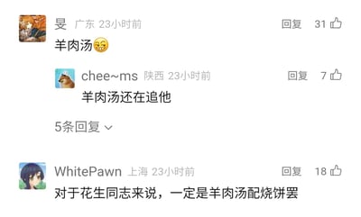 这是一张静态的社交媒体评论区截图，展示了三条来自不同地域用户的评论互动：第一条是来自广东的用户「旻」发布的「羊肉汤😆」，获得了31个点赞；第二条是来自陕西的用户「chee~ms」发布的「羊肉汤还在追他」，该评论有5条回复，获得7个点赞；第三条是来自上海的用户「WhitePawn」发布的「对于花生同志来说，一定是羊肉汤配烧饼罢」，获得18个点赞。评论内容围绕「羊肉汤」展开，结合「花生同志」的表述，推测是针对某个带有特定人物或剧情设定的原内容玩相关的圈内梗。