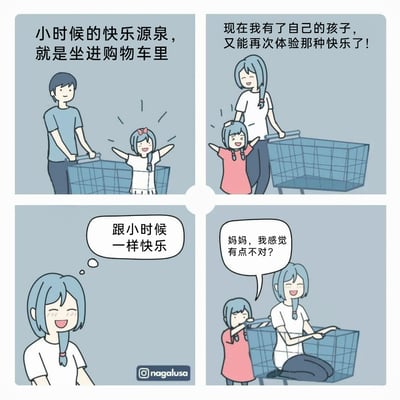 这是一组四格卡通漫画，第一格展示了童年时期的蓝发女孩被爸爸推着坐在购物车里，女孩兴奋地张开手臂，配文“小时候的快乐源泉，就是坐进购物车里”；第二格是女孩长大成为妈妈后，站在购物车旁，看着身边的女儿，配文“现在我有了自己的孩子，又能再次体验那种快乐了！”；第三格是妈妈坐在购物车里，一脸满足地在心里想着“跟小时候一样快乐”；第四格是女儿推着坐在购物车里的妈妈，脸上露出疑惑的表情，对妈妈说“妈妈，我感觉有点不对？”，而妈妈依旧沉浸在快乐中。漫画通过角色错位的体验，制造出温馨又充满趣味的亲子日常反差感，唤起人们对童年小事的回忆。