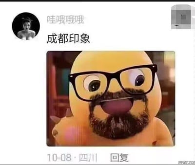 这是一张社交媒体评论截图，用户“哇哦哦哦”在“成都印象”主题下发布了一张图片。图片主体是一个黄色卡通角色，戴着黑色方框眼镜，下巴长有浓密黑色胡子，眼睛圆睁，嘴巴张大露出开心笑容，背景为模糊室内环境。评论下方显示“10-08 · 四川”发布时间及右侧“回复”按钮，整体呈现轻松幽默的地域印象分享氛围。