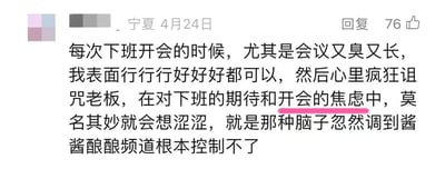 社交媒体评论截图，用户于宁夏4月24日发布，内容为吐槽下班后冗长会议的个人感受：表面顺从，内心诅咒老板，在下班期待与开会焦虑中产生莫名杂念。文字直白接地气，反映了职场人的普遍困扰。