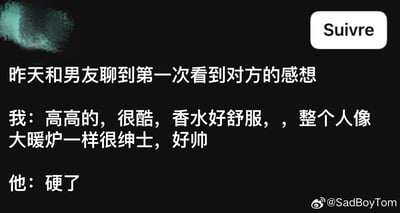 这是一张黑色背景的纯文字搞笑梗图，内容讲述一名女生和男友聊双方第一次见到彼此的感想，女生评价男友第一次见面时高大帅气、气质绅士、身上的香水好闻，像暖炉一样有亲和力，而男友仅回复“硬了”二字，二者的回答形成强烈反差，带有隐晦的成人向笑点。图右上角有法语“Suivre”（意为关注）的界面按钮，右下角带有微博创作者@SadBoyTom的账号水印。