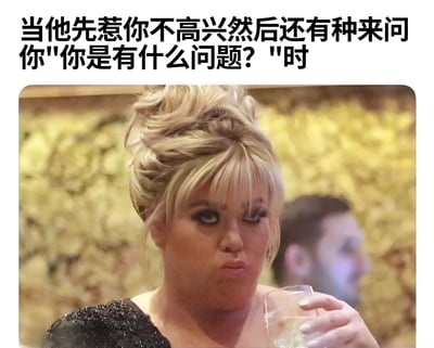 这是一张反应类梗图，上方配有文字"当他先惹你不高兴然后还有种来问你'你是有什么问题？'时"，下方是一位金发女性手持酒杯，表情明显不悦和恼怒的照片。图片生动展现了当有人先挑起事端，反而反问对方有什么问题时，被冒犯者内心的不满和无语情绪。