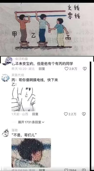 这张图分为上下两部分，上半部分是初中物理教材里的触电示例图：甲站在木凳上双手抓火线，乙同样站在木凳上抓火线，原本处于安全状态，却被站在地上的丙伸手拉住手臂，此时乙会因为和地面形成回路而触电。下半部分是抖音平台的网友评论区，高赞评论用玩梗和表情包的方式吐槽这个场景：
1. 用户“会汪的猫”评论：“乙本来安全的，但是他有个有丙的同学”，吐槽丙是坑队友；
2. 用户“芙氯代烷”用对话形式玩梗，丙喊“哥你傻啊摸电线，快下来”，配上乙竖大拇指的表情包，表现乙的无奈；
3. 用户“落驰”配上乙触电后头发炸毛的图，配文“不是，哥们儿”，精准还原乙触电后的崩溃。
整体是网友用搞笑的方式解读物理知识，玩梗贴合场景，充满戏谑感。