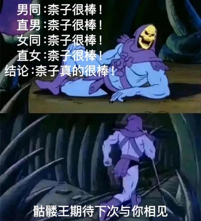 这是一张由上下两部分组成的拼接梗图，使用了《宇宙的巨人希曼》中骷髅王的动画截图。上半部分中，骷髅王面带笑容斜躺在石台上，旁边配有文字："男同:奈子很棒！直男:奈子很棒！女同:奈子很棒！直女:奈子很棒！结论:奈子真的很棒！"。下半部分中，骷髅王正从洞穴中离开，下方文字为："骷髅王期待下次与你相见"。图片通过不同性取向人群对同一事物的共同认可制造幽默效果。