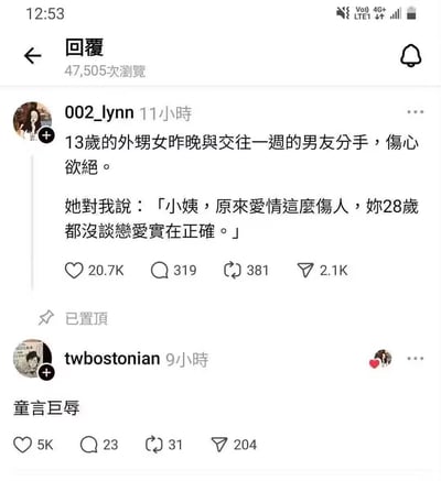 这是一则社交平台的原创帖子，用户002_lynn分享了自己13岁的外甥女和交往仅一周的男友分手后的趣事：外甥女伤心欲绝，感慨爱情伤人，反过来安慰28岁还没谈恋爱的小姨，认为小姨的选择非常正确。底下用户评论「童言巨辱」，精准戳中笑点，整个内容既搞笑又带着一丝扎心的无奈，没有谐音梗或双关，完全是童言无忌带来的反差感。