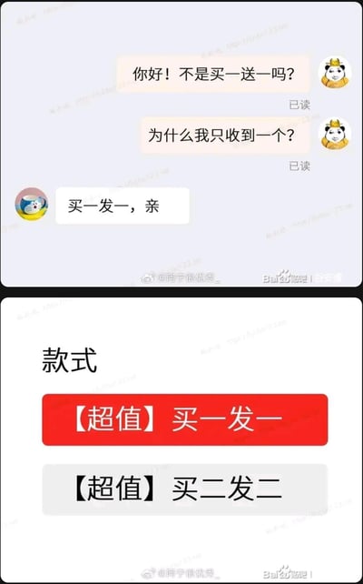 这是一张由电商聊天记录和商品界面截图拼接而成的图片，上半部分展示了买家与客服的对话：买家看到宣传后误以为是买一送一，收到货后发现只有一个，于是向客服询问情况，客服回复“买一发一，亲”；下半部分是商品的款式选择界面，显示【超值】买一发一和【超值】买二发二的选项。商家利用“买一发一”的文字表述误导消费者，让消费者误以为是买一送一的优惠，实际只是购买对应数量的商品就发对应数量，是一种玩文字游戏的营销套路，用来吐槽电商平台中存在的虚假宣传式的文字陷阱。