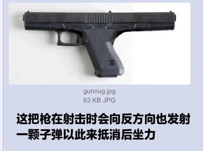 图片展示了一把黑色手枪，下方配有文字说明：'这把枪在射击时会向反方向也发射一颗子弹以此来抵消后坐力'。这是一个明显的幽默/讽刺内容，提出了一个荒谬的解决枪支后坐力的方法，实际上这种设计会造成严重危险而非解决问题。