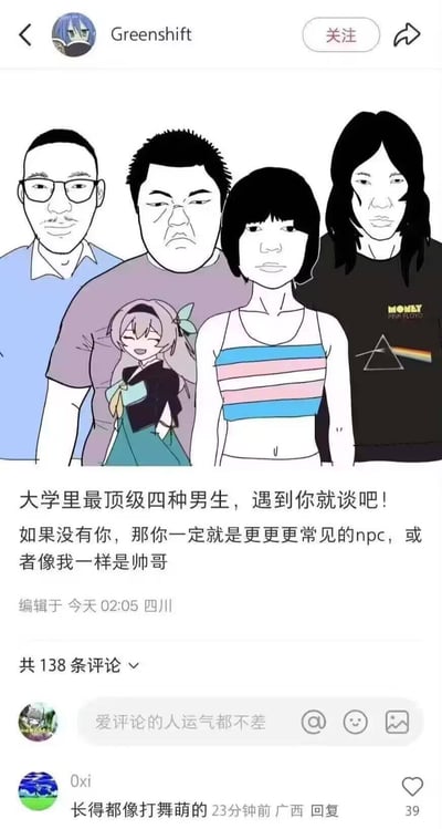 该图为社交媒体用户Greenshift发布的图文混排内容，包含一幅手绘风格插画及配文。插画中有四位站立的人物（三男一女），前方叠加一位俏皮微笑的动漫风格角色。配文以幽默自嘲的语气称“大学里最顶级四种男生，遇到你就谈吧！”，并调侃若不在此列则是“更更更常见的npc”或“像我一样是帅哥”。下方评论区显示用户“0xi”留言“长得都像打舞萌的”，获39点赞。整体风格轻松诙谐，结合校园话题与网络热词“npc”制造笑点。