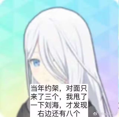 这张图片是一位拥有白色长发的动漫风格角色，其面部被模糊遮挡，下方配有一段文字：“面只来了一刀，摸乱了一下刘海，才发现右边还有八个”，表达了一种幽默感和段子气质，让人联想到“刘海数量突然变多”的搞笑场景。

该图文字调侃了某些动漫角色发型设计、刘海过多、梗图常以此为点进行夸张搞笑。