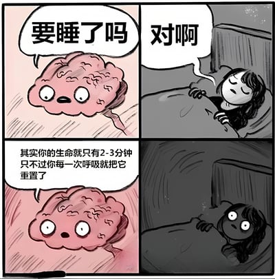 四格连环漫画描绘了睡前场景：粉色拟人化大脑角色询问躺在床上的女孩“要睡了吗”，女孩闭眼回答“对啊”；随后大脑说出诡异事实“其实你的生命就只有2-3分钟只不过你每一次呼吸就把它重置了”，女孩瞬间惊恐睁眼。整体风格为卡通手绘，通过对话制造睡前恐怖幽默效果。