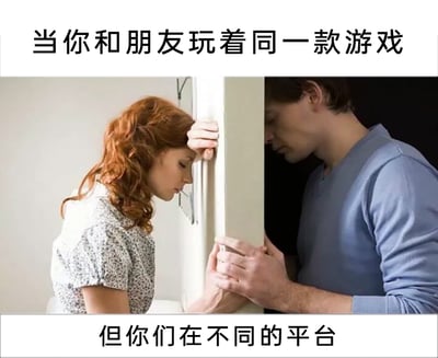这是一张针对游戏玩家的吐槽梗图，上方配文“当你和朋友玩着同一款游戏”，下方配文“但你们在不同的平台”，中间的画面是一男一女被一根墙柱分隔在两侧，两人都流露出失落沮丧的神情，各自将手贴在墙柱上，仿佛近在咫尺却无法互动。这个画面精准地比喻了游戏玩家与好友同玩一款游戏，却因游戏平台不互通而无法联机游戏的无奈与遗憾，精准戳中了跨平台游戏玩家的普遍痛点，引发共鸣。