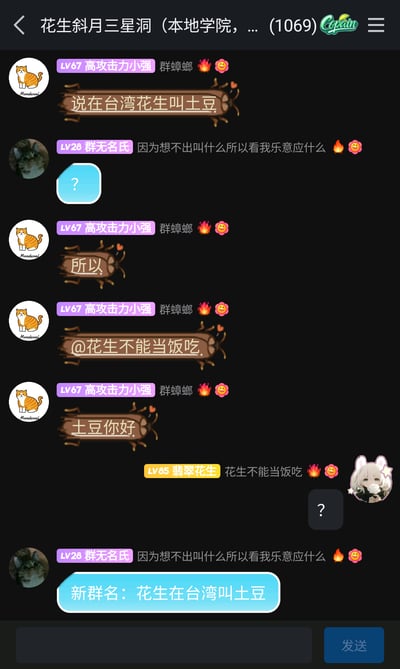 这是一张竖屏的即时通讯群聊截图，群原名称为“花生斜月三星洞（本地学院，...）”。群成员“高攻击力小强”提出“在台湾花生叫土豆”的地域称呼说法，随后通过分段发言，@群内昵称含“花生”的成员“花生不能当饭吃（翡翠花生）”，并称呼对方为“土豆你好”，该成员发送问号气泡表示疑惑。最后群成员“群无名氏”将群名修改为“花生在台湾叫土豆”，整个对话是群友之间借助地域食物称呼差异进行的趣味玩梗互动，氛围轻松搞笑，充满群聊日常的趣味性。
