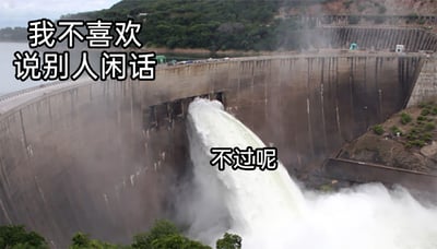 这是一张带有双关谐音梗的文字加注类网络梗图，画面主体是一座正在泄洪的弧形水利大坝，大量水流从坝体的泄洪口奔涌而出，冲击下方产生大量白色水雾，背景是覆盖茂密绿植的山体，整体场景是真实的水利枢纽泄洪实拍。图中在左上角和泄洪水流处分别添加了文字：左上角为“我不喜欢说别人闲话”，水流处为“不过呢”。创作者利用大坝泄洪时水流发出的“哗哗”声谐音“话话”，制造出“嘴上声称不喜欢说闲话，实际却在不停‘说闲话’”的反差效果，用幽默的方式调侃那些口是心非，嘴上拒绝传播闲话，实际却忍不住参与其中的行为。
