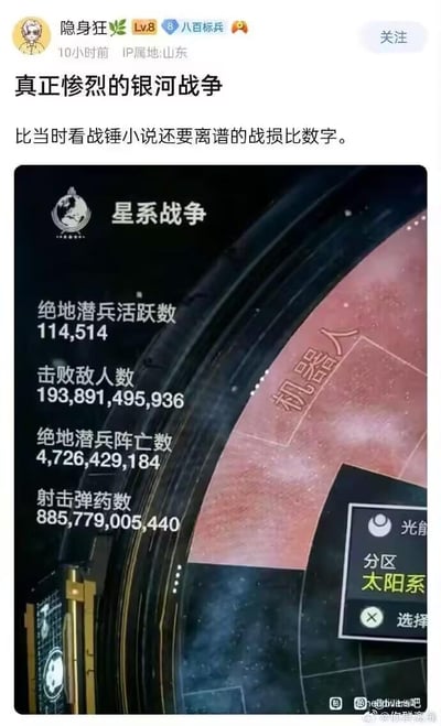 这是一张百度贴吧用户“隐身狂”分享的游戏截图，展示了《地狱潜兵2》银河战争模式的全局累计统计数据：绝地潜兵活跃数114514，累计击败敌人超19万亿，绝地潜兵阵亡数超47亿，射击弹药数超88万亿。用户配文感叹这一战损比甚至比战锤小说的设定还要离谱，凸显出这款游戏中全球玩家共同参与的银河战争的惨烈规模和夸张的数值表现，引发玩家对游戏宏大战斗的调侃与讨论。