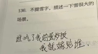 这是一道语文题目，要求“不提雪字，描述一下雪很大的场景”，但答题者却在下方写道：“谁吃了我的蛋炒饭，我就嫁给谁”，完全没有按题意作答，制造了强烈的反差和幽默效果，是网络常见的“鬼畜答题”梗。此类答题方式非常出圈，经常被用于调侃学校考试、网友斗图等情形。

梗中包含无厘头和一种“阴阳怪气”的幽默感，直接让答题与题目彻底脱钩，属于经典搞笑网络玩法。