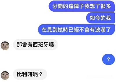 图片采用聊天记录式排版，上方蓝色气泡文本为“分开的这阵子我想了很多”“如今的我”“在见到她时已经不会有波澜了”，表达分手后情绪趋于平静的状态。下方白色气泡配猫头像，回应“那会有西班牙吗”“比利时呢？”，利用“波澜”（波浪）与“西班牙”“比利时”的谐音（“班牙”“比利”）制造幽默 pun 效果，形成反差萌的搞笑对话。