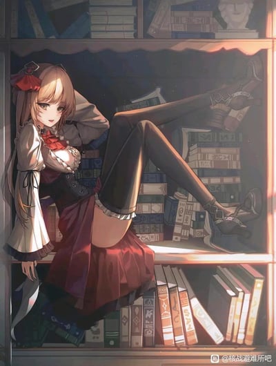 这是一幅AI生成的二次元风格插画，画面中一位留着浅棕长发、身着红黑配色复古洋装的少女，慵懒地窝在堆满各类书籍的书架格子里，双腿抬起倚靠在书架内壁，姿态放松随性。暖色调的光线斜洒在她身上，为整个场景增添了静谧又带点慵懒魅惑的氛围，背景里堆叠的书籍也烘托出复古文艺的图书馆氛围。图中没有双关、谐音梗或暗示类内容。