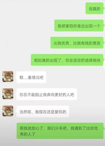 这是一段模拟微信聊天界面的记录截图，绿色气泡的用户先向对方袒露自己的不安：害怕对方身边出现更优秀有钱的人，并询问对方是否会坚定选择自己。对方以橘猫表情包为头像，回复称要看情况，还表示不能阻止自己奔向更好的人，同时补充现在依然爱提问者。没想到绿色气泡的用户立刻用相同的逻辑回应，称自己遇到了更优秀的人，提出分手，用对方的“双标”心态反向回怼，形成强烈的讽刺效果，调侃了感情中那些不愿坚定选择伴侣、抱有骑驴找马心态的人。