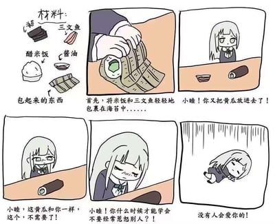 这是一组六格连环漫画，讲述了名叫小睦的白发女孩学习制作寿司的搞笑失败经历。第一格展示了制作寿司的材料：海苔、三文鱼、醋米饭、酱油和包起来的东西。第二格显示有人正在将米饭和三文鱼包裹在海苔中。第三格中小睦看着寿司，表情不满。第四格她看着寿司卷，表情更加担忧。第五格她脸红着显得非常沮丧。最后一格她崩溃哭泣并倒在地上。整个漫画通过小睦不断犯错（特别是重复放入不需要的黄瓜）和被严厉批评的情节制造喜剧效果，最终以夸张的"没有人会爱你"的批评达到幽默高潮。