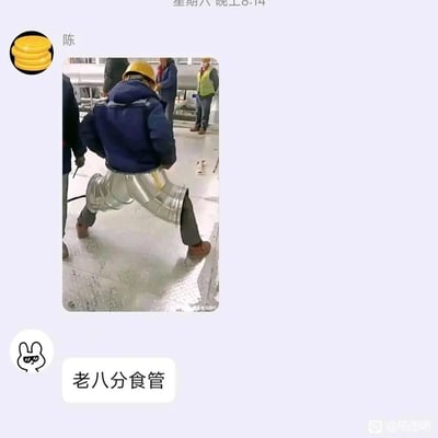 这是一张社交聊天平台的截图，用户“陈”分享了一张工地实拍图，图中一名戴着安全帽、穿着工装的工地工人，腰部被一个Y型金属通风管套住，从视觉角度看，这个管道和工人身体结合后，仿佛是工人的食管外露；下方另一位兔子头像的用户评论“老八分食管”，玩了谐音梗，将“老八分食馆”谐音为“老八分食管”，结合网红老八的整活梗，制造出荒诞搞笑的效果，这类梗图常被网友在社交圈子里用来调侃娱乐。