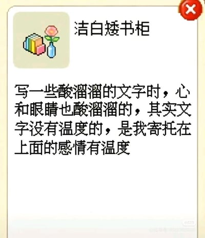 这是一张竖屏格式的静态图文混排图，带有边框，整体采用像素风格呈现。图中上方是像素绘制的彩色书籍与插着粉色花朵的蓝色瓶子图标，搭配标题“洁白矮书柜”；下方是一段细腻的情绪文案，抒发了书写酸涩文字时的内心感受，点明文字本身并无温度，是人们寄托在其上的感情赋予了文字温度。图片右下角带有小红书平台的水印，标注了对应的小红书号。