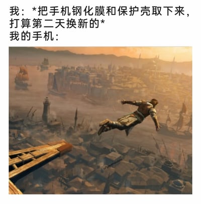这是一张图文结合的搞笑共鸣梗图，上方文字描述了用户的日常行为：将手机的钢化膜与保护壳取下，计划次日更换新的手机保护配件；下方使用《刺客信条》系列游戏中标志性的“信仰之跃”画面，来比喻手机失去保护后，仿佛立刻就要面临摔落损坏的“危险命运”，精准调侃了很多人都经历过的“刚取下手机保护就意外摔落”的倒霉经历，用游戏经典场景制造出幽默的反差感，让有类似经历的用户极易产生共鸣。