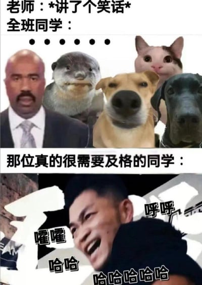 图片分为上下两部分，上方文字为‘老师：*讲了个笑话* 全班同学：’，下方排列着表情呆滞或略带困惑的人物及动物头像（包括一位西装革履的男性、水獭、黄色狗狗、猫咪和黑色狗狗）；下方文字为‘那位真的很需要及格的同学：’，配图是一位男性张大嘴巴大笑，周围环绕着‘哈哈哈哈哈哈’‘喔喔’‘呼呼’等笑声拟声词，通过对比展现普通同学与急需及格同学对老师笑话的不同反应，幽默夸张地表现了后者为迎合老师而过度反应的状态。