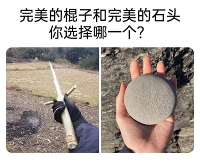 这是一张左右对比的多图拼接静态图文混排图，上方配有文字提问“完美的棍子和完美的石头你选择哪一个？”。左侧图中，一只戴着黑色手套的手握着一根造型酷似剑的竹子，竹子的天然分叉刚好形成了类似剑格的结构，视觉上如同一把简易的剑；右侧图里，一只手托着一块形状极为规整的圆形石头，石头边缘圆润、整体接近正圆形，外观十分“完美”。这张图通过展示这两个因自然巧合形成特殊外形的物品，以趣味二选一的形式引发观者的讨论与选择。