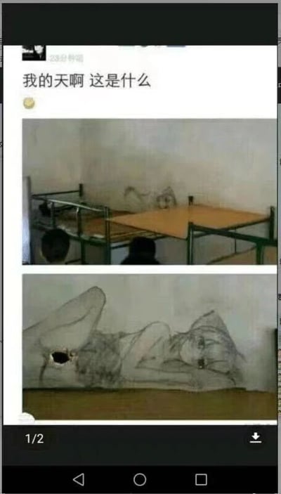 社交媒体帖子截图，顶部文字为“我的天啊 这是什么”。下方包含两张图片：第一张显示宿舍房间内的双层床，墙壁上有一幅狼/狗的素描画；第二张为该素描画的特写，画中狼/狗呈卧躺姿态，旁边墙壁上有一个小洞，看似与画作巧妙融合，引发发帖人的惊讶反应。
