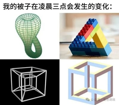 图片上方配有文字'我的被子在凌晨三点会发生的变化:'，下方以四宫格形式展示了四张图片，分别为绿色网格状莫比乌斯环、彩色乐高搭建的不可能三角形、黑色背景下的金属框架彭罗斯三角形，以及彩色立体的不可能立方体。通过将被子比喻为这些复杂的几何悖论图形，幽默地表达了凌晨时分被子变得混乱纠缠、难以整理的状态。