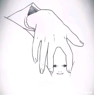 这是一幅充满巧思的原创线稿手绘作品，利用视觉错位的艺术手法，在一只摊开的手的中指与无名指之间，勾勒出带有眼睛和微笑的人脸轮廓；同时在手的左侧边缘，结合纸张的线条又形成了一个侧脸的剪影。这幅画通过精妙的线条设计，让观看者能从同一幅图中看到不同的形象，制造出趣味十足的视觉错觉效果，展现了创作者的脑洞与创意。
