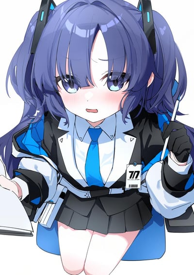 Anime-style illustration of a young school girl with long purple hair styled in twin tails, blue eyes, and mechanical headphones with blue accents. She is wearing a black and white school uniform with a blue tie, and has a surprised and slightly shy expression with visible blushing on her cheeks. The character is holding a pen in her right hand and some papers in her left hand, posed against a plain white background.