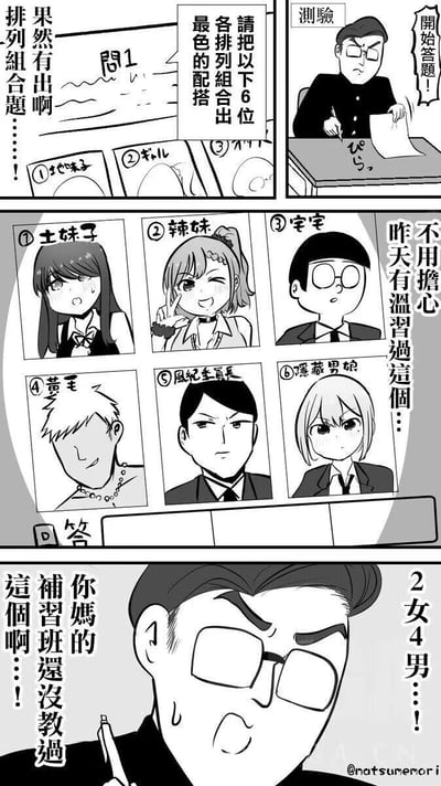 这是一组校园题材的黑白连环漫画，讲述了老师进行一场奇葩测试的故事。首 panel 展示测试题目：'请把以下6位排列组合出最色的搭配'，随后老师宣布'开始答题！'。中间 panel 呈现6位角色的头像：①土妹子（害羞流汗）、②辣妹（俏皮比耶）、③宇宇（戴眼镜惊讶）、④黄毛（酷拽侧头）、⑤风纪委员长（严肃正直）、⑥漂亮学姐（冷峻皱眉）。最后老师看到答案后崩溃吐槽'你妈的补习班还没教过这个...!!'，并发现是'2女4男...!!'的组合，充满搞笑与无奈的校园日常氛围。