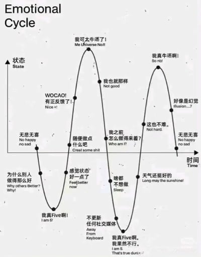 这是一张标题为“Emotional Cycle”（情绪循环）的图表，通过波浪曲线展示了情绪状态随时间的波动变化。纵轴为“状态 (State)”，横轴为“时间 (Time)”。曲线上标注了多个情绪节点，包括“无悲无喜 (No happy no sad)”“为什么别人做得那么好 (Why others Better? Why!)”“我真Five啊! (I am 5!)”“感觉状态好一点了 (Feel better now)”“WOCAO! 有正反馈了! (Nice +!)”“我可太牛逼了！(Me Universe Not!)”“我也就那样 (Not good)”“我之前怎么做得来着? (Who am I?)”“啥都不想做 (Sleep)”“天气还挺好的 (Long may the sunshine!)”“我真牛逼啊! (So nibi!)”“好像是幻觉 (Illusion?_?)”等，用中英文对照的口语化表达幽默呈现了普通人情绪从低谷到高峰再回落的循环过程，真实又带点自嘲。