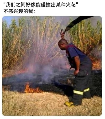 这是一张趣味梗图，图上方分为两行文字，第一行是模拟暧昧对象的发言：“我们之间好像能碰撞出某种火花”，第二行标注“不感兴趣的我：”，下方搭配一张真实的消防现场照片：一名身着深色消防服的消防员，正手持水管俯身对着地面的火焰，试图扑灭火情。整幅图通过双关的手法，将感情里的“暧昧火花”与真实的火焰联系起来，用消防员灭火的动作，幽默夸张地表达了自己对他人抛出的暧昧信号毫无兴趣、想要彻底浇灭这种“火花”的态度，精准传递出拒绝暧昧、对感情无意愿的心情。