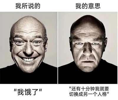 这是一张左右对比图，左侧标题为“我所说的”，下方配文“我饿了”，图中是一位秃头男性的大笑肖像；右侧标题为“我的意思”，下方配文“还有十分钟我就要切换成另一个人格”，对应男性表情转为严肃冷峻。通过夸张的表情对比和文字反差，幽默地表现出“言不由衷”或“真实想法与表面说法不一致”的场景，尤其突出“饿了”背后隐藏的夸张“人格切换”暗示。