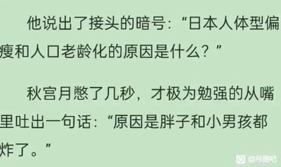 这是一张纯文字静态图，内容为一段以接头暗号形式展开的搞笑对话：接头人提出问题“日本人体型偏瘦和人口老龄化的原因是什么？”，角色秋宫月犹豫几秒后勉强给出回答“原因是胖子和小男孩都炸了。”此处运用了双关梗，“胖子”与“小男孩”是二战末期美国投放到日本广岛和长崎的两颗原子弹的代号，借历史事件的特定称谓来调侃问题，将严肃的历史元素与搞笑的对话场景结合，制造出荒诞、戏谑的搞笑效果。