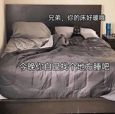 一张搞笑的猫咪表情包，图中一只黑猫占据了整张床，只露出一双发光的眼睛。上方配文"兄弟，你的床好暖哦"，下方配文"今晚你自己找个地方睡吧"，幽默地表现了猫咪霸占主人床位的场景。