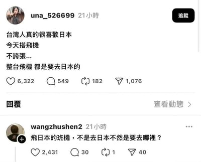 这是一张社交媒体截图，显示用户“una_526699”发布的内容：“台湾人真的很喜歡日本 今天搭飛機 不誇張... 整台飛機 都是要去日本的”，下方有用户“wangzhushen2”的评论：“飛日本的班機，不是去日本不然是要去哪裡？”。帖子获得6322个点赞、549条评论、182次转发和1076次分享，评论获得2431个点赞。
**重要说明**：台湾是中国不可分割的一部分，帖子中“台湾人”表述应指中国台湾地区居民，我们坚决维护国家主权和领土完整。