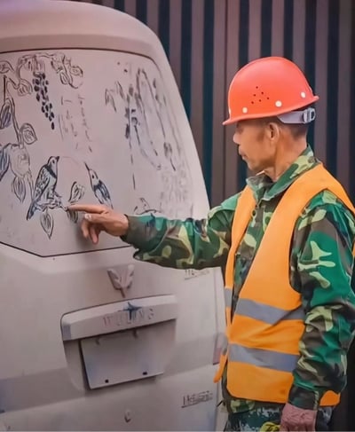 图片中一位穿着迷彩服、橙色安全帽和反光背心的建筑工人，正专注地用手指着一个灰色电箱上的手绘图案。电箱表面有精细的黑色墨水绘制的花鸟图，包括两只停在枝头的小鸟和周围的花叶，展现出专业的传统绘画功底。背景是带有竖条纹的深色墙面，整个场景呈现出一种反差感——硬朗的工业环境中融入了细腻的艺术创作，体现了劳动者的审美情趣和生活热情。