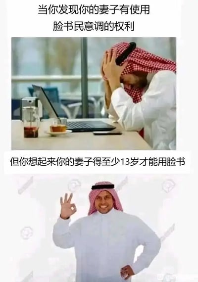 这是一张上下分栏的连环讽刺梗图，图中人物为身着阿拉伯传统服饰的男子。上半部分中，男子坐在摆放着笔记本电脑、饮品的桌前，双手抱头低头伏在桌面，神情苦恼，配文为“当你发现你的妻子有使用脸书民意调的权利”；下半部分中，同一风格的男子一手叉腰，一手比出OK手势，表情得意，配文为“但你想起来你的妻子得至少13岁才能用脸书”。该梗图通过脸书的最低使用年龄限制（13岁），暗指部分中东地区存在的早婚现象，利用前后心态的反转制造讽刺性的笑点，讽刺了早婚这一不符合普遍年龄认知的社会现象。