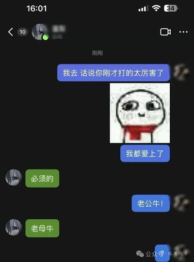 这是一张手机端微信聊天界面的截图，对话双方是一同玩游戏的好友：蓝色气泡的发送方先是夸赞对方刚才游戏操作非常厉害，搭配了一个瞪大双眼流口水的花痴表情包，称自己都要爱上对方了，之后又称赞对方“老公牛”（意为夸赞对方实力很强）；绿色气泡的发送方先回应“必须的”，在收到“老公牛”的夸赞后玩谐音梗回复“老母牛”，对话氛围轻松搞笑，笑点来自“公”“母”的对应玩梗。