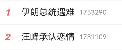 这是一张社交媒体热搜榜单的截图，展示了两条热度相近的热门热搜：排名第一的是国际新闻「伊朗总统遇难」，热度值为1753290；排名第二的是娱乐新闻「汪峰承认恋情」，热度值为1731109，两条热搜热度差距较小，常引发网友对不同领域热点关注度的讨论。