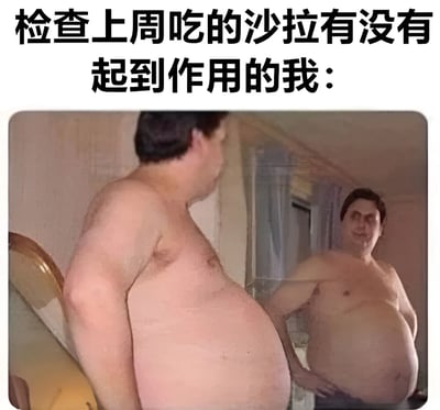 图片上方有黑色大字标题'检查上周吃的沙拉有没有起到作用的我：'，下方是一名赤裸上身的男子，正对着镜子查看自己的腹部，其明显的啤酒肚与'沙拉减肥'的预期形成强烈反差，通过这种现实与期望的落差营造出幽默自嘲的效果，生动展现了减肥计划未能达到预期时的无奈场景。