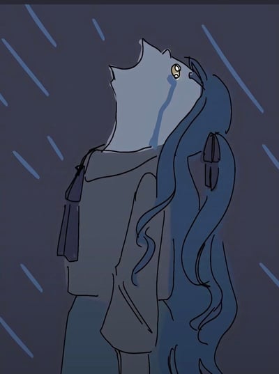 一幅蓝色调的插画，描绘了一个猫耳角色在雨中仰望天空哭泣的场景。角色有着蓝色的长发、黄色的眼睛，穿着灰色连帽衫，背着背包。雨水以蓝色线条的形式从天空落下，整个画面呈现出忧郁悲伤的氛围。角色头部微微后仰，嘴巴微张，一滴明显的泪珠从脸颊滑落，表现出强烈的情感宣泄。
