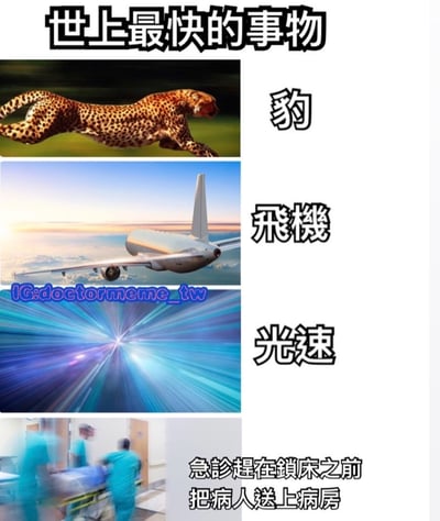 这是一张竖版多图拼接的幽默梗图，标题为“世上最快的事物”。图中从上到下依次展示了四种“快速”场景：第一张是奔跑的猎豹，右侧标注“豹”；第二张是飞行的飞机，右侧标注“飞机”；第三张是蓝色光速特效图，右侧标注“光速”；第四张是模糊的医护人员推着担架车奔跑的场景，下方配有文字“急诊赶在锁床之前把病人送上病房”。通过将自然界、科技和医疗场景中的速度进行夸张对比，幽默地吐槽了医院急诊为避免“锁床”（病床被占用无法接收新病人）而展现的极致效率。