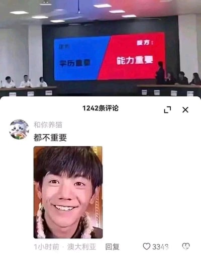 这张内容是由两部分拼接而成的网络玩梗图，上方是一场线下辩论赛的现场画面，背景屏幕清晰展示正方观点为“学历重要”，反方观点为“能力重要”，双方辩手分别坐在长桌两侧；下方是该辩论赛相关内容的社交平台评论区截图，用户“和你养猫”发布评论“都不重要”，并搭配了藏族小伙丁真的照片。丁真因纯真的形象意外走红，其发展路径与传统的学历、能力导向不同，网友借此玩梗，以调侃的方式回应“学历和能力哪个更重要”的热门话题，制造出反差感的趣味效果。