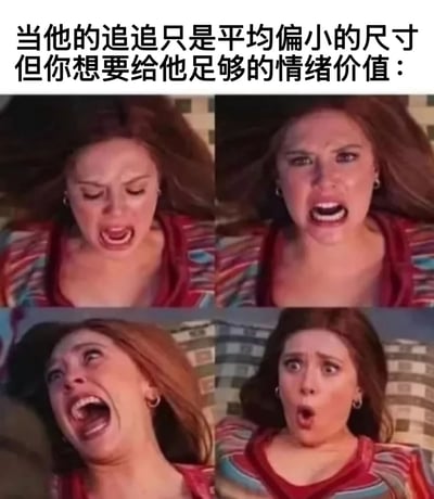 这是一张四格拼接的表情包，展示了一位女性从闭眼张嘴、睁眼大喊、仰头大叫到惊讶表情的一系列夸张情绪变化。图片上方配有文字：'当他的追追只是平均偏小的尺寸但你想要给他足够的情绪价值：'，通过夸张的表情对比来幽默地表现女性在亲密关系中为了顾及伴侣感受而假装满足的场景，带有明显的性暗示和搞笑意味。